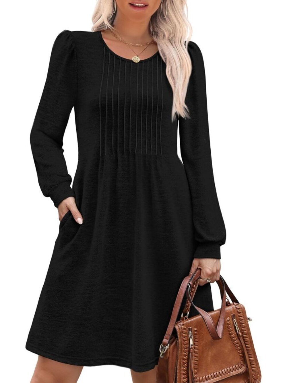 Women's Black Style Pleated Crew Neck Pockets Fall Baby Doll Sweater Mini Dress